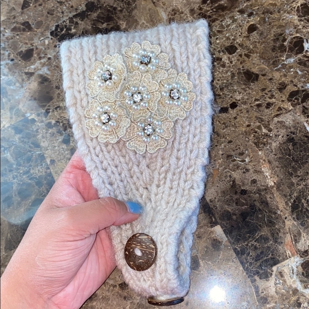 Cream colored knitted head wrap with rhinestones